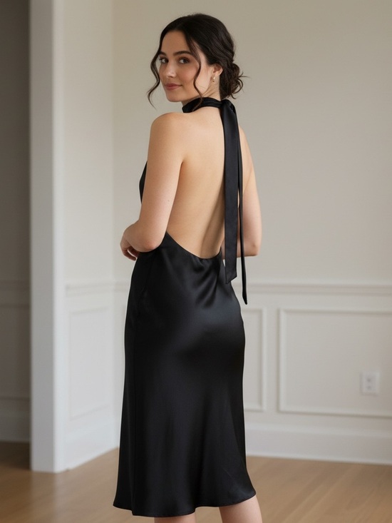 Zara Dresses & Skirts - Zara Black Satin Backless Halter Midi Dress Sz M Secure Elastic Waist | EUC